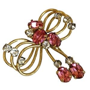 Vintage Antoinette 1/20 12K Gold Filled Bow Brooch Pink Rhinestones Mid Century